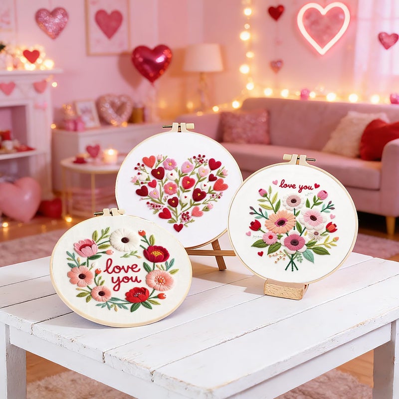 BBLYBD Valentines Embroidery Kit, 4 Set Cross Stitch Craft Kits for Beginners with Pre-Printed Embroidery Fabric, Hoops, Step-by-Step Instructions, Color Threads & Needles (Valentines-4 Set) - Image 4